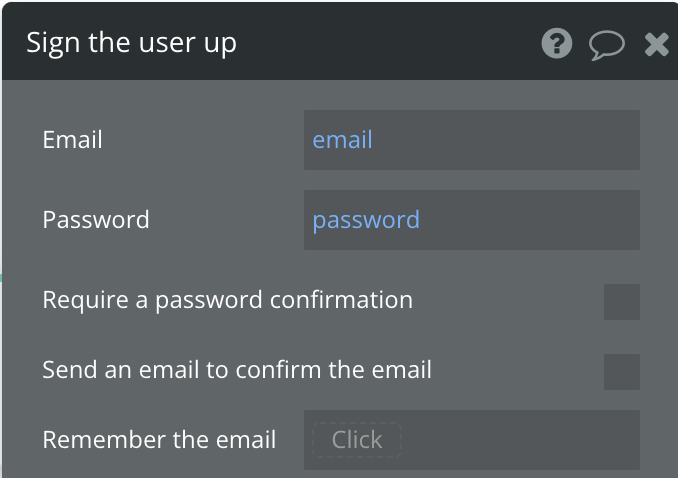 Bubble.io sign user up
