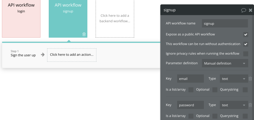 Bubble.io Workflow Steps Sign user Up
