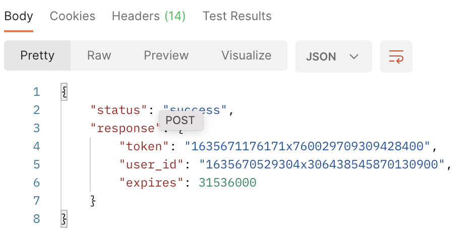 Postman result from user log in